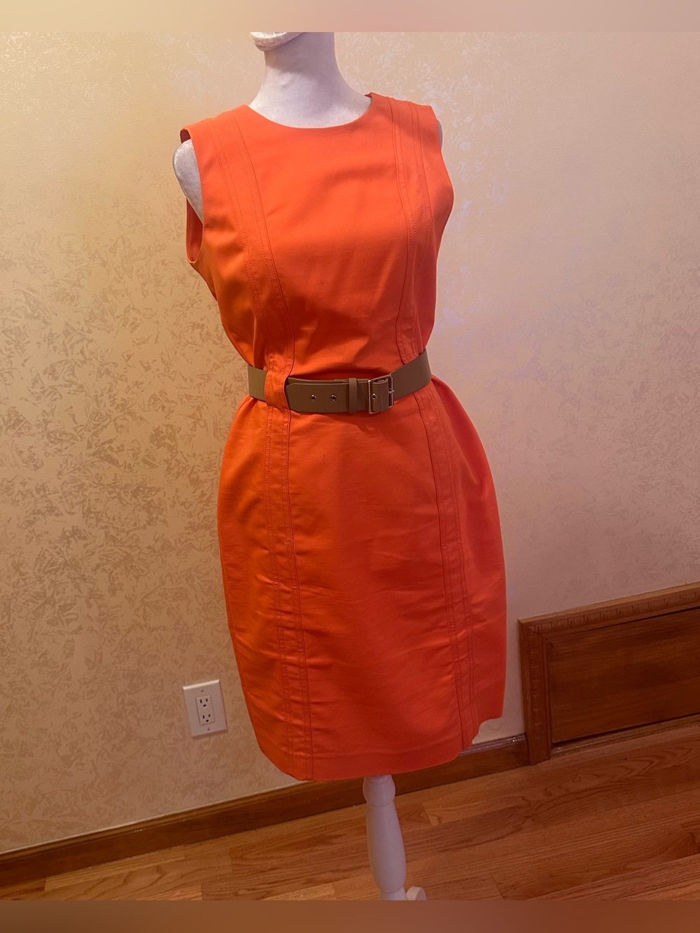Calvin Klein Sleeveless Orange Mini Dress with Neutral Belt